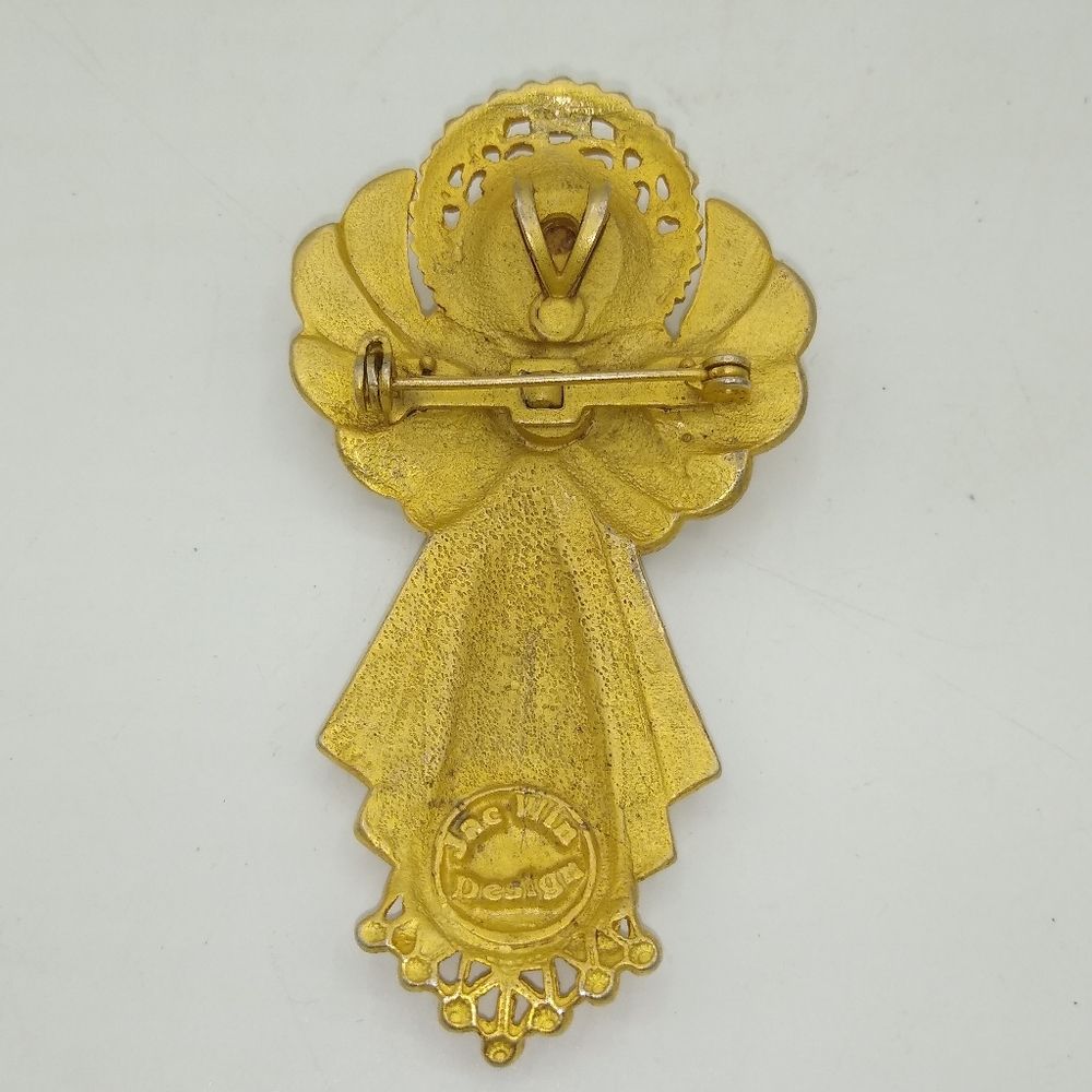 Jac Win Design Gold Tone Angel Bow Brooch Pendant w Pearl Accent Signed Vintage - Picture 6 of 11